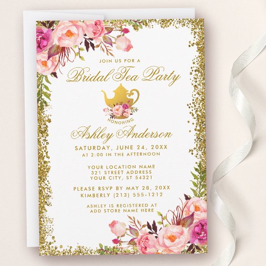 Parties scintillant or rose Floral Invitation de l