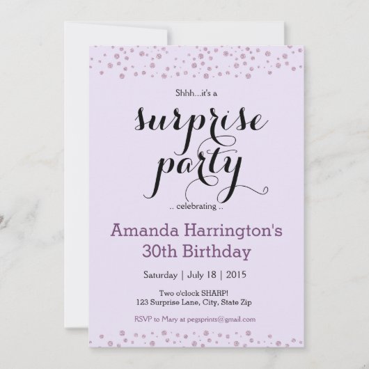 Parties scintillant pourpre Surprise Invitations d (Devant)