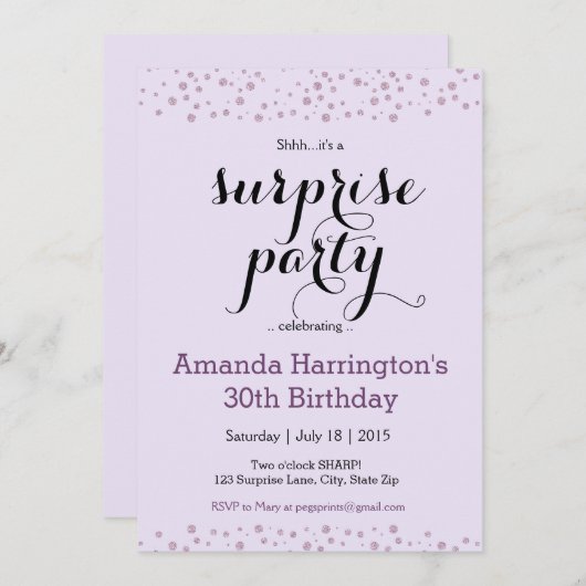 Parties scintillant pourpre Surprise Invitations d (Devant / Derrière)