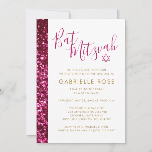 Parties scintillant rose chaud Invitation Bat mitz (Devant)