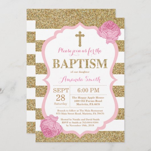 Parties scintillant rose et or Baptême Invitation (Devant / Derrière)