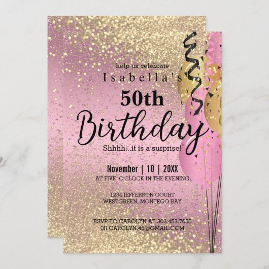 Parties scintillant rose et or Invitation d'annive (Devant / Derrière)