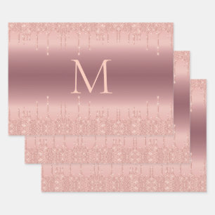 Parties scintillant rose or Monogramme Feuilles pa
