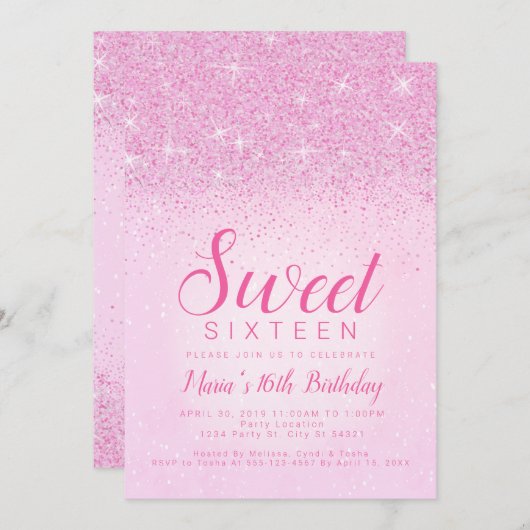 Parties scintillant rose, Sweet 16 Invitations (Devant / Derrière)