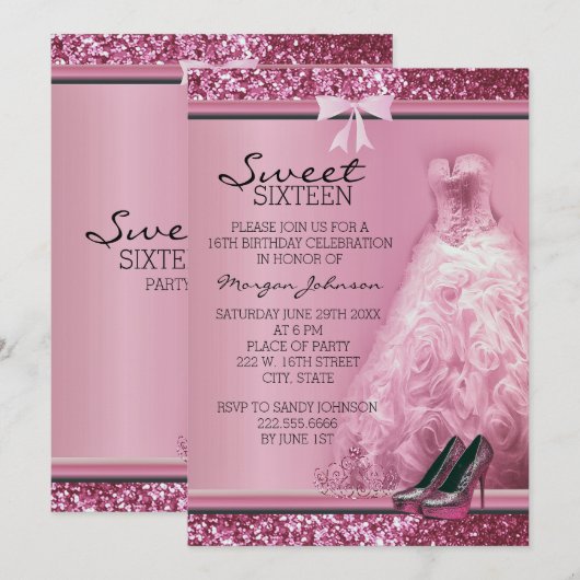 Parties scintillant rose Sweet sixteen Invitation  (Devant / Derrière)