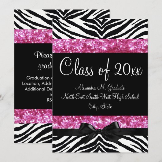 Parties scintillant rose Zebra Bow Invitation de d (Devant / Derrière)