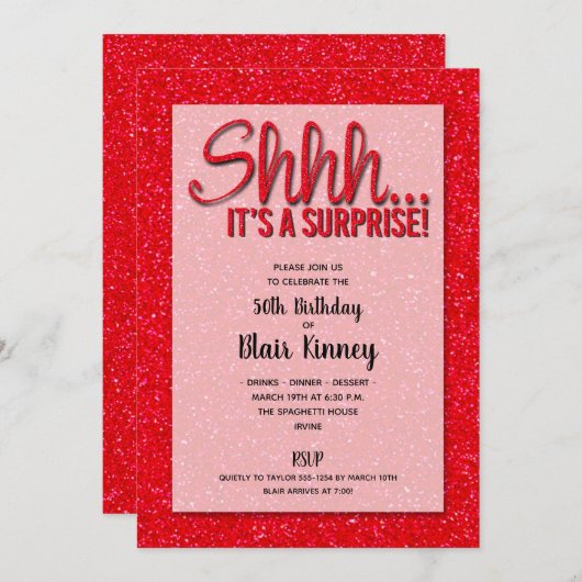 Parties scintillant rouge SURPRISE Invitations d'a (Devant / Derrière)