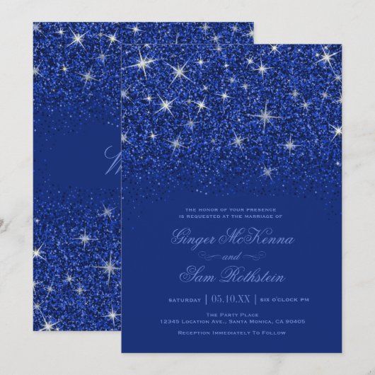 Parties scintillant Sapphire Invitations de mariag (Devant / Derrière)