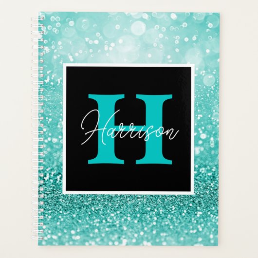 Parties scintillant Turquoise Glam Monogramme Nom  (Devant)