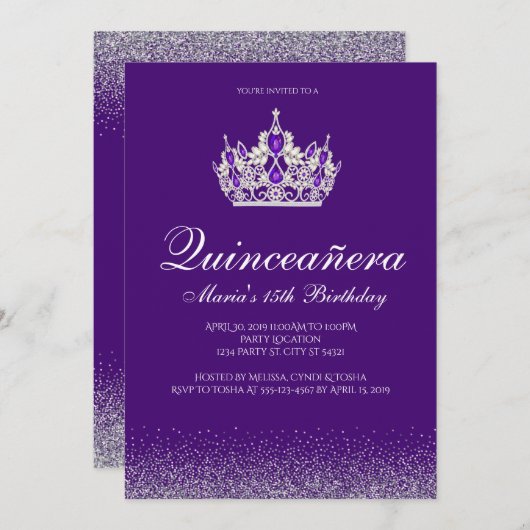 Parties scintillant violet Quinceanera Invitations (Devant / Derrière)