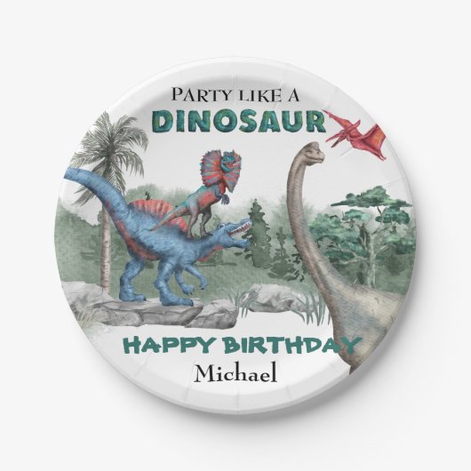Partij als een Dinosaur Birthday Waterverf Papieren Bordje (Voorkant)