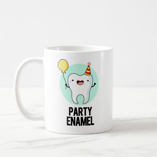 Partij Enamel Funny Tooth Pun Koffiemok (Links)