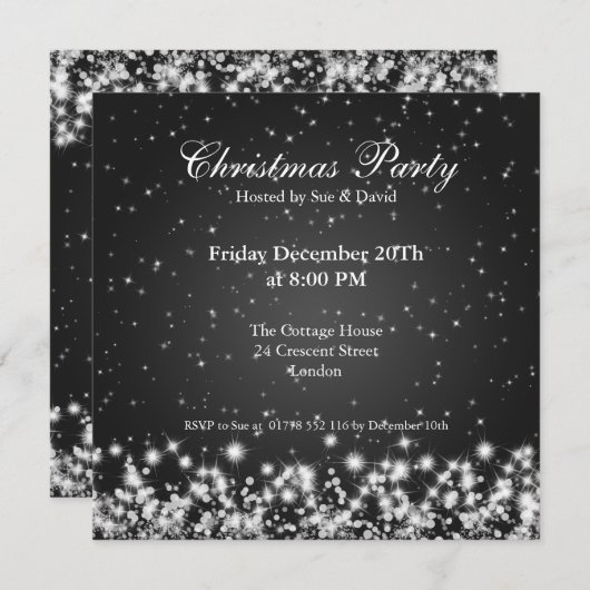 Partij Uitnodiging Elegant Sparkle Custom Black (Voorkant / Achterkant)
