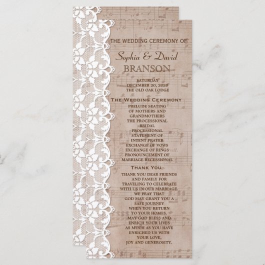 Partition romantique & Programme de mariage de den (Devant / Derrière)