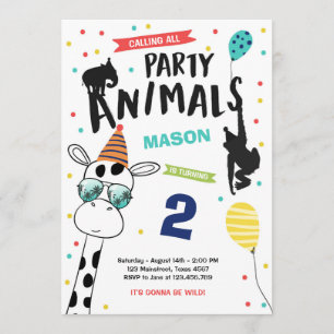 Party Animal Birthday Invitation Zoo Wild Black Kaart