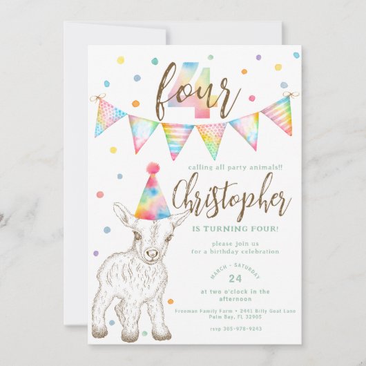 Party Animal Goat 4e verjaardag uitnodiging voor k (Voorkant)