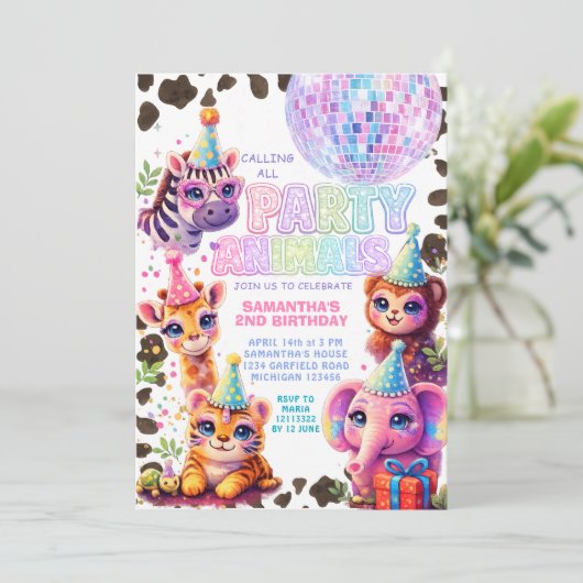 Party Animals Birthday Invitation | Rainbow Disco (Debout devant)