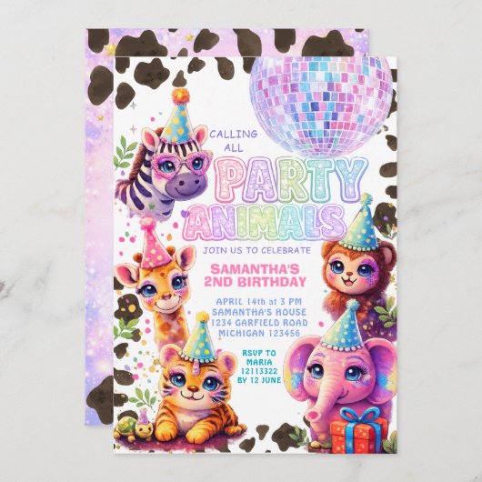 Party Animals Birthday Invitation | Rainbow Disco (Devant / Derrière)