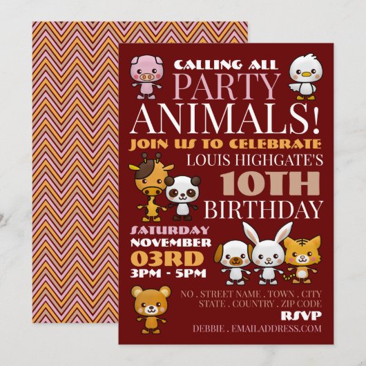 Party Animals, Chevron Birthday Party Kaart (Voorkant / Achterkant)