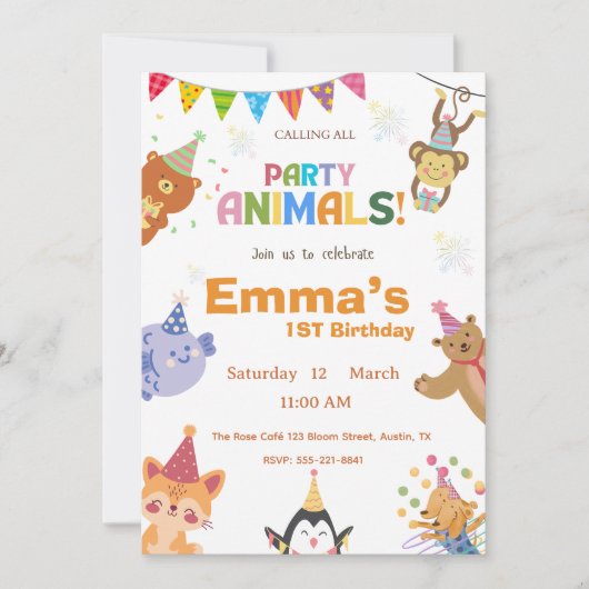 Party Animals First Birthday Invitation (Devant)