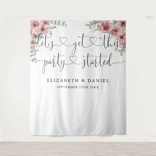 Party Begonnen Script Floral Wedding Foto Achtergr Wandkleed (Voorkant)