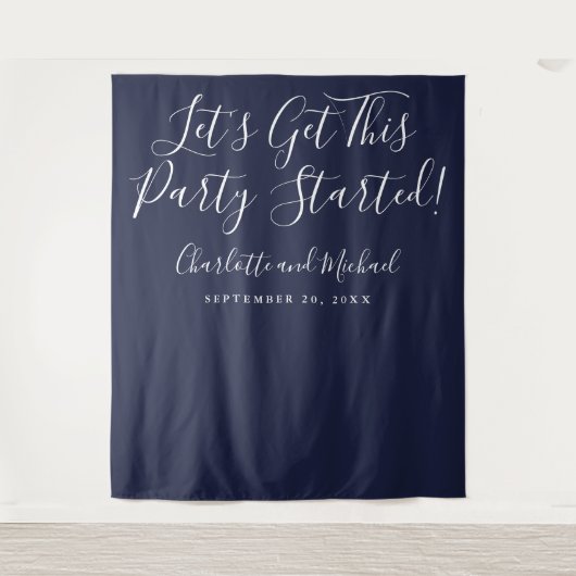 Party Begonnen Script Navy Blue Foto Achtergrond Wandkleed (Voorkant)