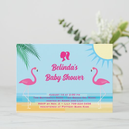 Party Blue Tropical Beach Baby shower Uitnodiging (Staand voorkant)