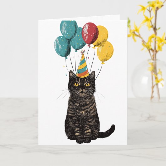 Party Cat Birthday Card – Cute Black Cat with Ball Kaart (Gele Bloem)