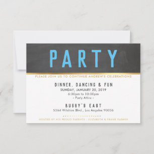 PARTY CELEBRATION Smart bold type Gold grijs aqua RSVP Kaartje