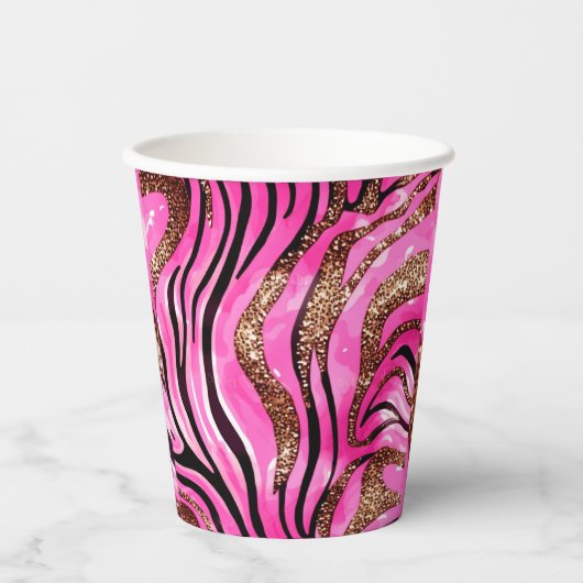 Party Dier Tijger Print Papier Cup, Roze Glitter Papieren Bekers (Voorkant)