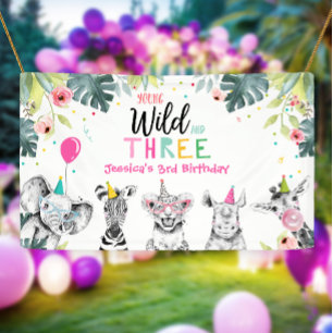 Party Dieren Safari Meisje Derde Verjaardag Achter Spandoek