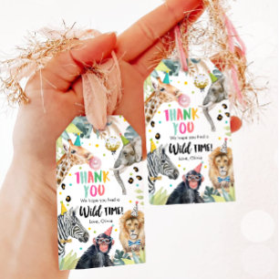 Party Dieren Safari Meisje Roze Dank u Wild Time Cadeaulabel