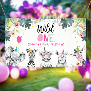 Party Dieren Safari Meisje Roze Wild Een Achtergro Spandoek