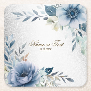 Party Dusty Blue Waterverf Flowers Silver Elegant Vierkante Kartonnen Onderzetter