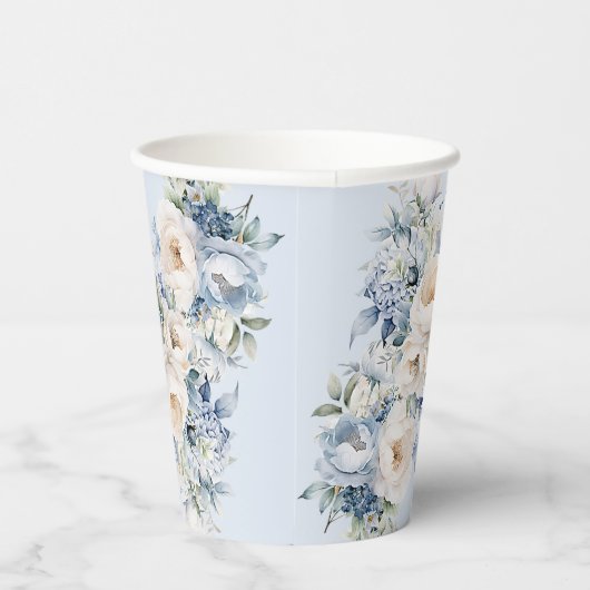 Party Dusty Blue Waterverf Ivoren Bloemen Bladeren Papieren Bekers (Rechts)