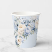 Party Dusty Blue Waterverf Ivoren Bloemen Bladeren Papieren Bekers (Voorkant)