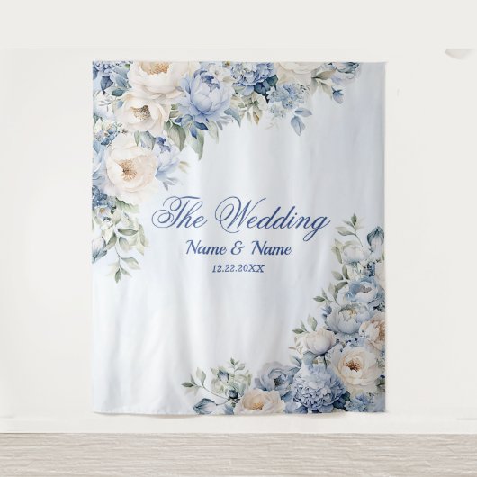 Party Dusty Blue Waterverf Ivoren Bloemen Bladeren Wandkleed (Voorkant)