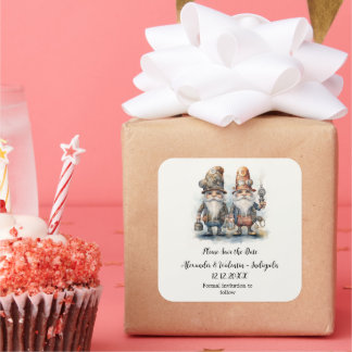 Party Gnomen Save the date Vierkante Sticker