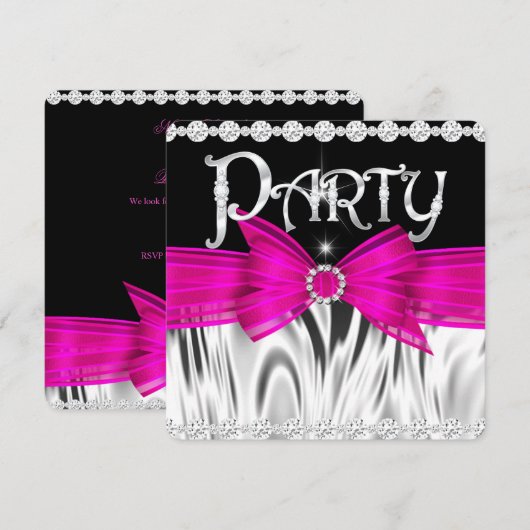 PARTY Hot Pink Bow Black Silver Birthday Party Kaart (Voorkant / Achterkant)
