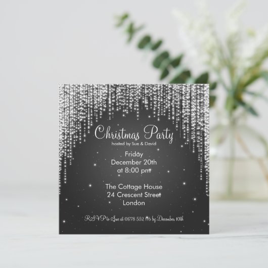 Party Invitation Elegant Falling Sparkle Black Kaart (Staand voorkant)