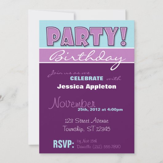 PARTY! Invitations d'anniversaire violet et bleu (Devant)