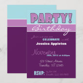 PARTY! Invitations d'anniversaire violet et bleu (Devant / Derrière)