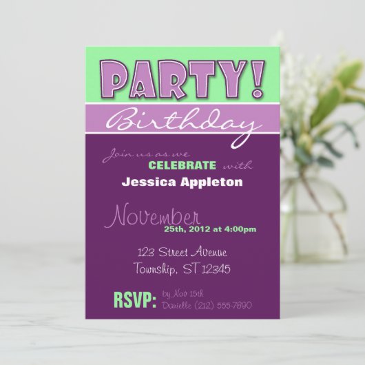 PARTY! Invitations d'anniversaire violet et vert (Debout devant)