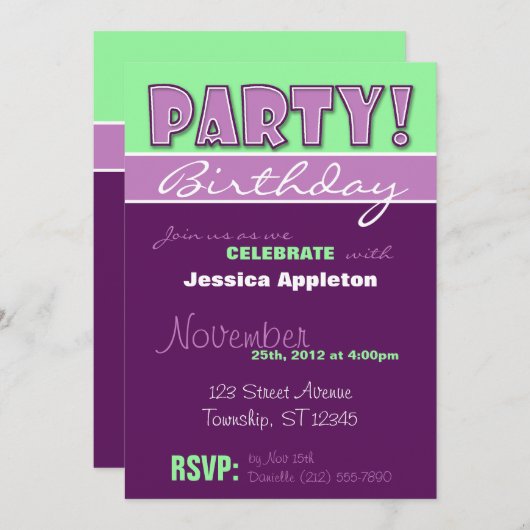 PARTY! Invitations d'anniversaire violet et vert (Devant / Derrière)