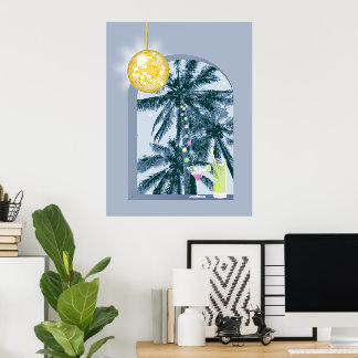 Party Lights Cocktails Disco Ball Palms op Blauw Poster