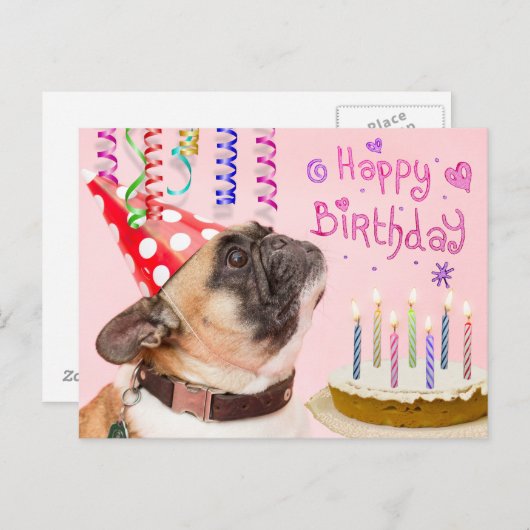 Party Pug en verjaardagstaart Uitnodiging Briefkaart (Voorkant / Achterkant)
