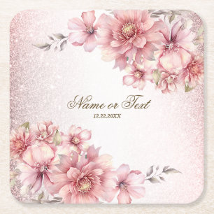 Party Roze Waterverf Flowers Glanzende Glitter Mod Vierkante Kartonnen Onderzetter