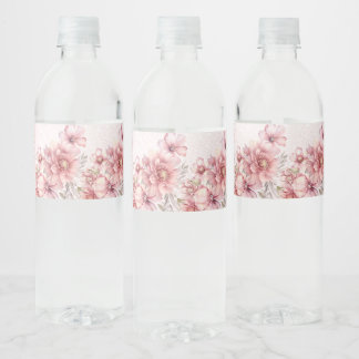 Party Roze Waterverf Flowers Glanzende Glitter Mod Waterfles Etiket