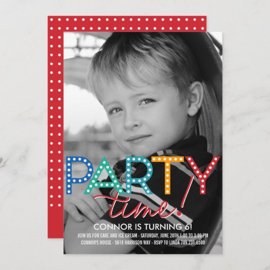 Party Time Photo Birthday Uitnodiging (Voorkant / Achterkant)