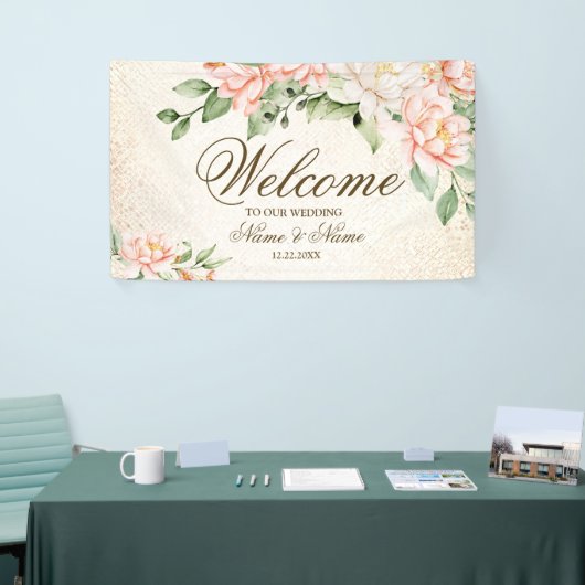 Party Waterverf Perzik Witte Bloemen Elegant Spandoek (Beurs)